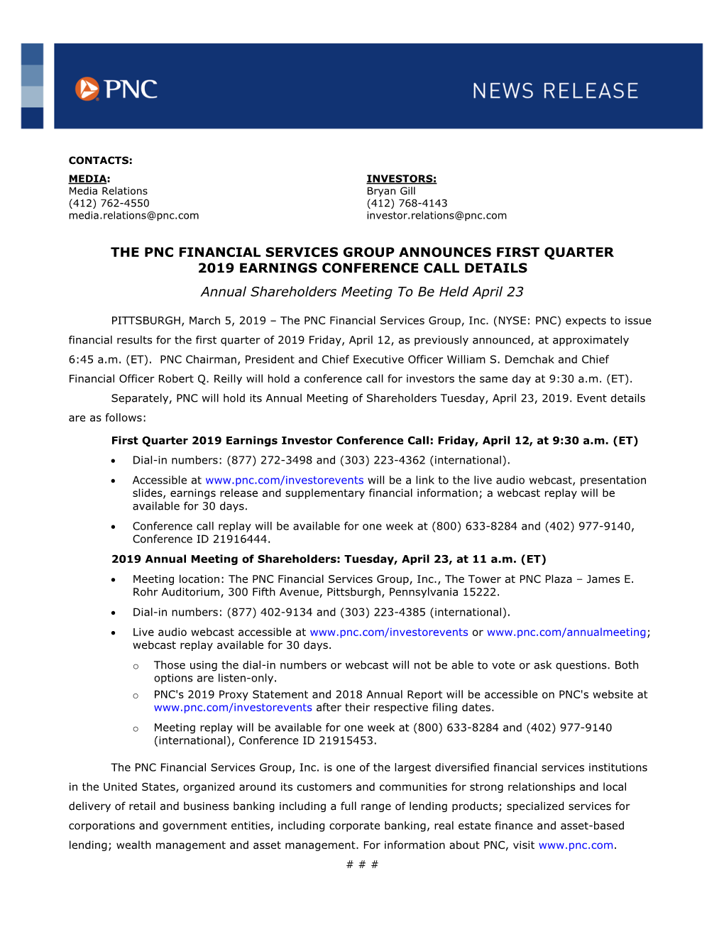 The Pnc Financial Services Group Announces First Quarter 2019 Earnings Conference Call Details