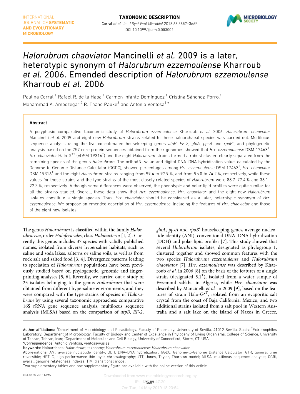 Halorubrum Chaoviator Mancinelli Et Al. 2009 Is a Later, Heterotypic Synonym of Halorubrum Ezzemoulense Kharroub Et Al