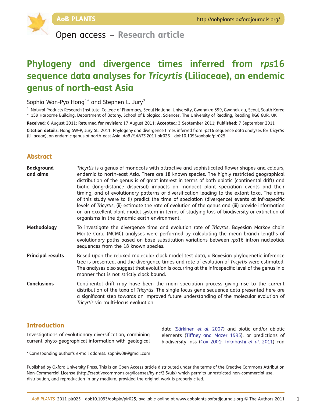 Phylogeny and Divergence Times Inferred from Rps16 Sequence Data Analyses for Tricyrtis (Liliaceae), an Endemic Genus of North-East Asia