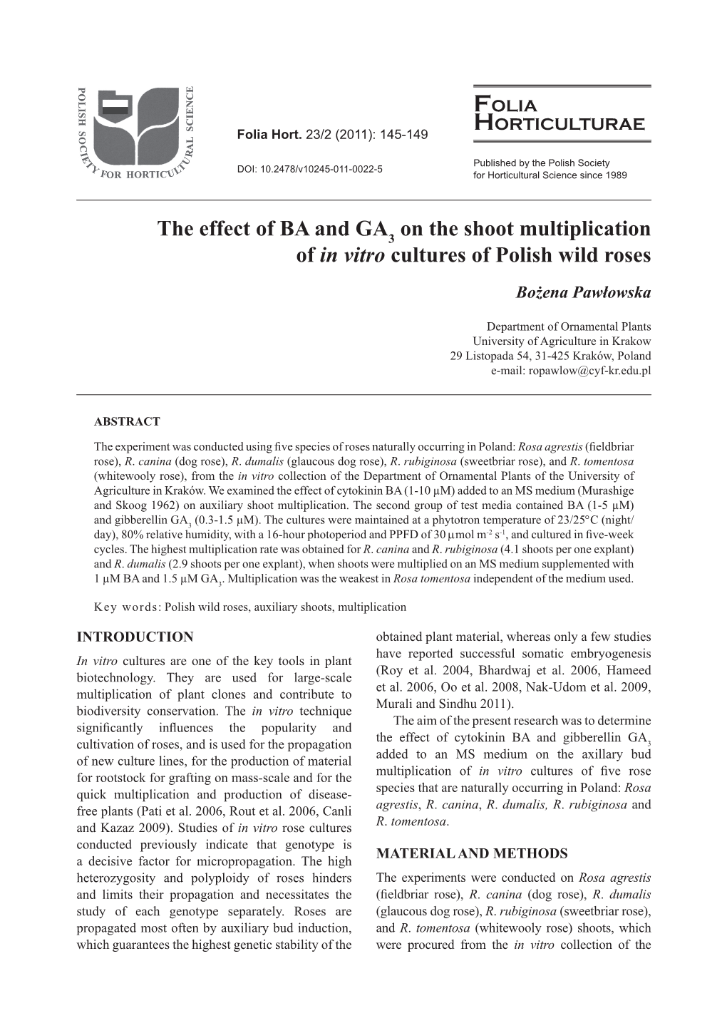 The Effect of BA and GA on the Shoot Multiplication of in Vitro