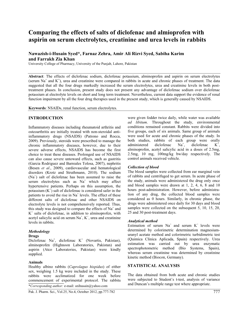 Comparing the Effects of Salts of Diclofenac and Almioprofen with Aspirin on Serum Electrolytes, Creatinine and Urea Levels in Rabbits