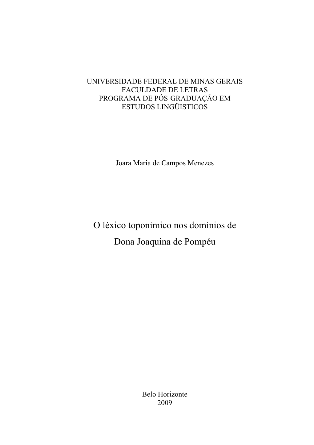 O Léxico Toponímico Nos Domínios De Dona Joaquina De Pompéu