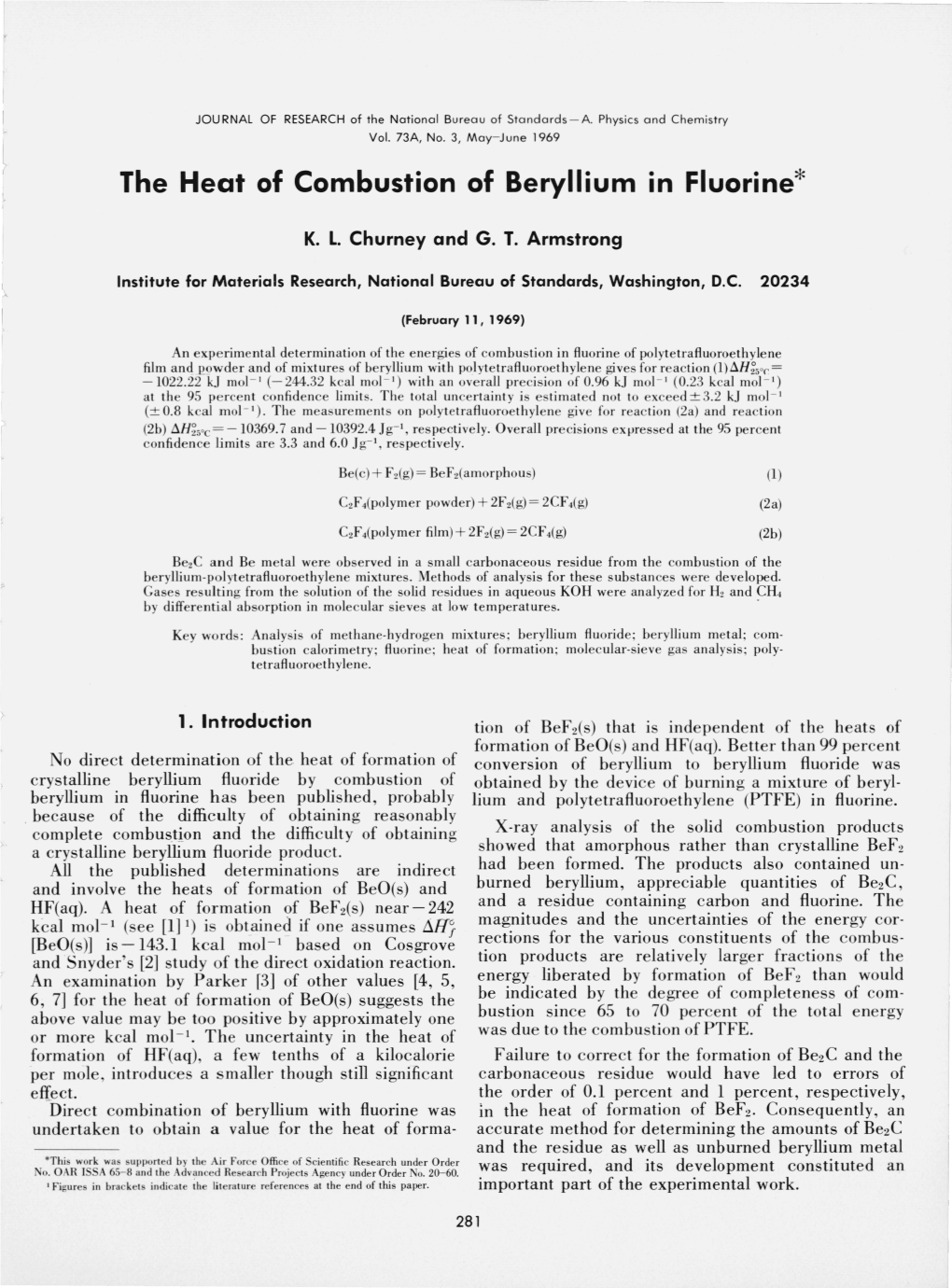 The Heat of Combustion of Beryllium in Fluorine*