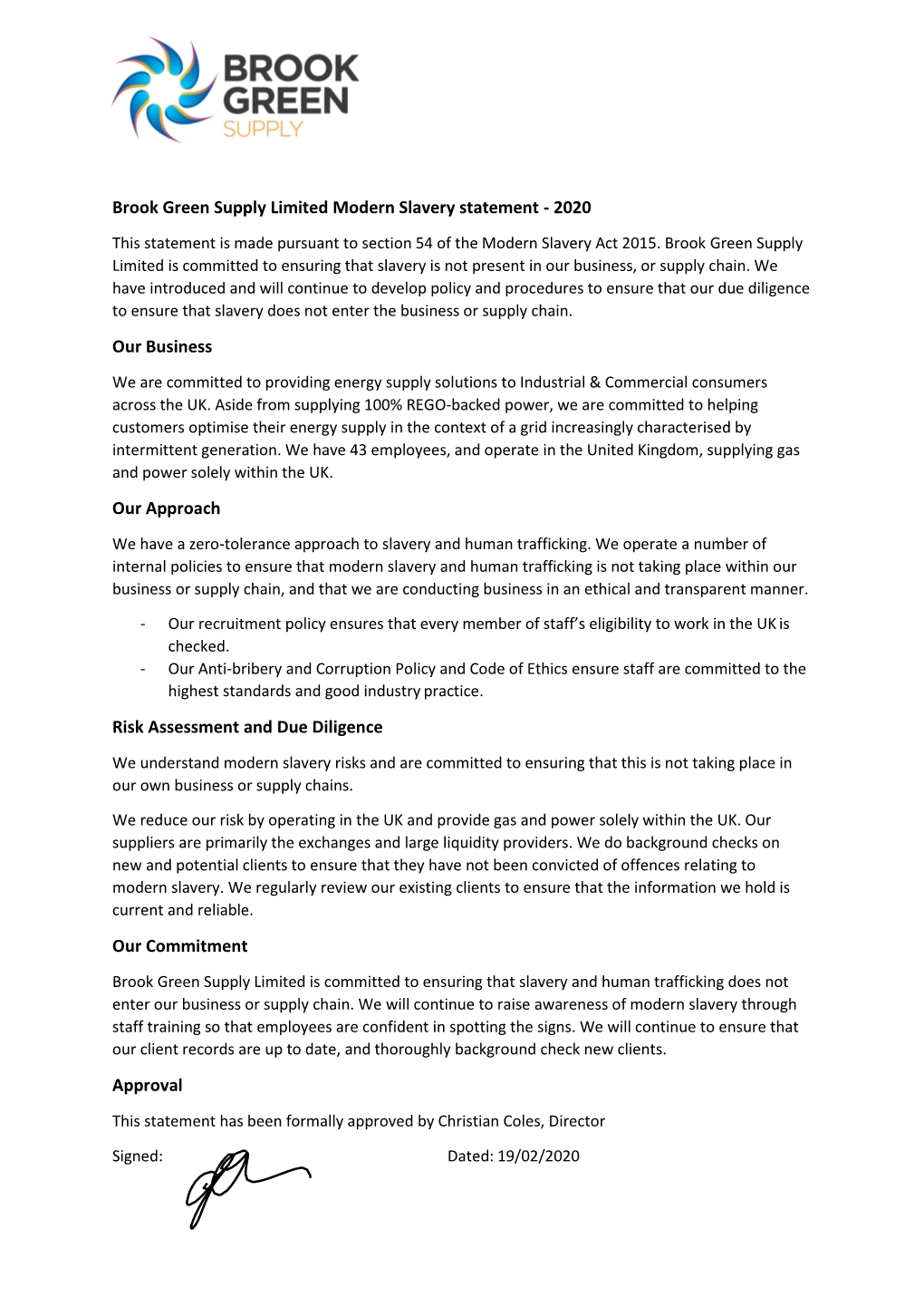 Brook Green Supply Limited Modern Slavery Statement - 2020