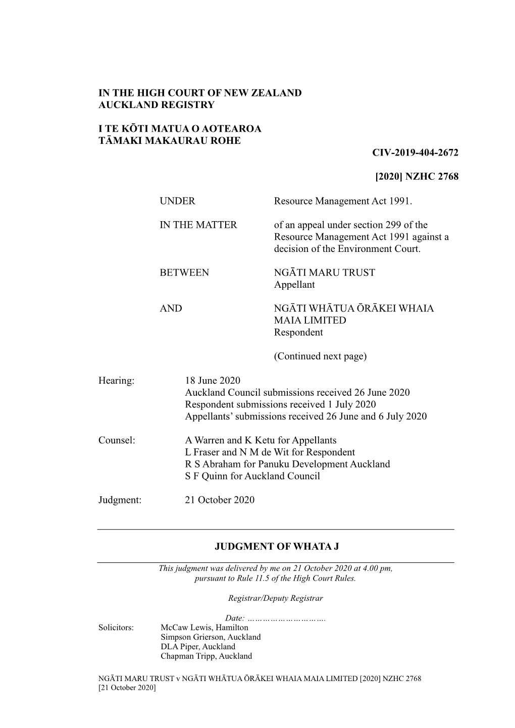 In the High Court of New Zealand Auckland Registry I Te Kōti Matua O Aotearoa Tāmaki Makaurau Rohe Civ-2019-404-2672 [2020] Nz