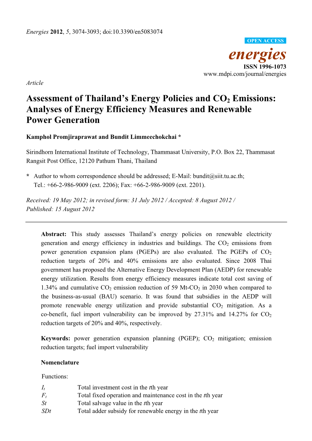 Assessment of Thailand's Energy Policies and CO2 Emissions