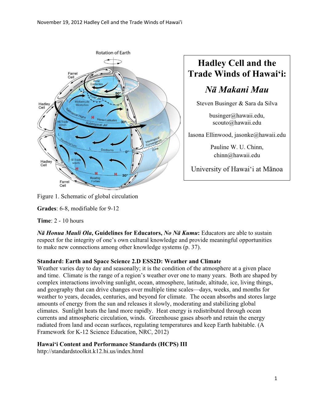 Hadley Cell and the Trade Winds of Hawai'i: Nā Makani