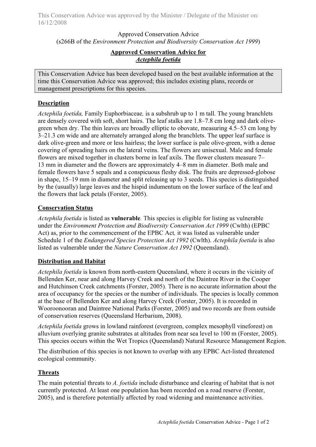 Approved Conservation Advice for Actephila Foetida