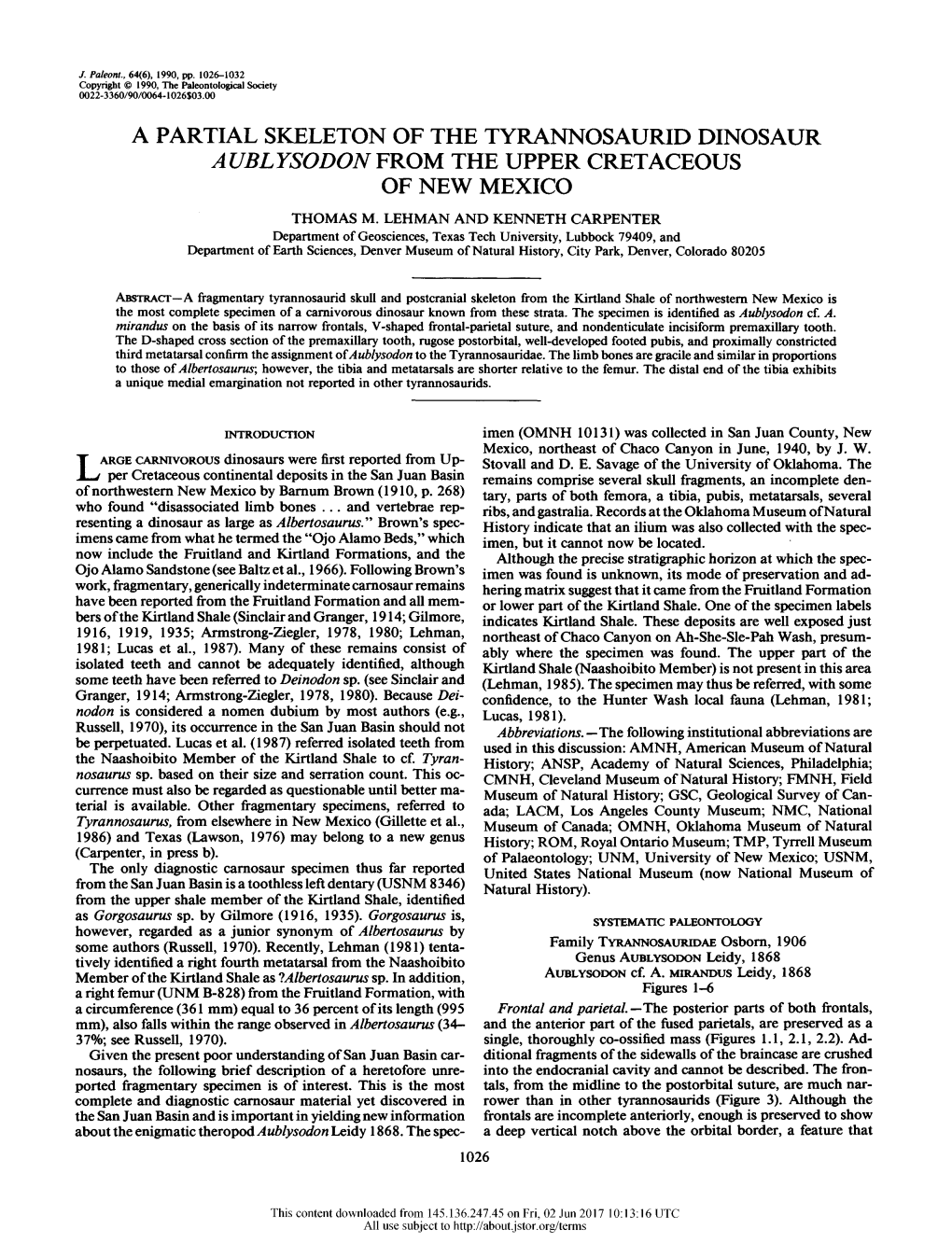 A Partial Skeleton of the Tyrannosaurid Dinosaur Aublysodon the Upper Cretaceous of New Mexico Thomas M