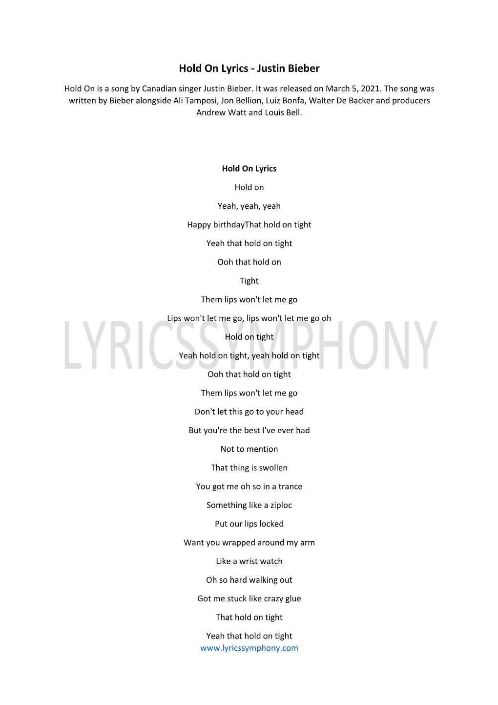 Hold on Lyrics - Justin Bieber