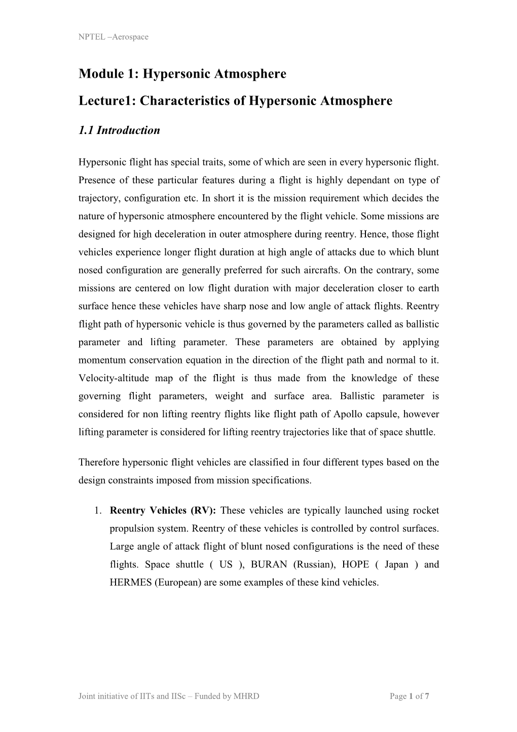 Module 1: Hypersonic Atmosphere Lecture1: Characteristics of Hypersonic Atmosphere