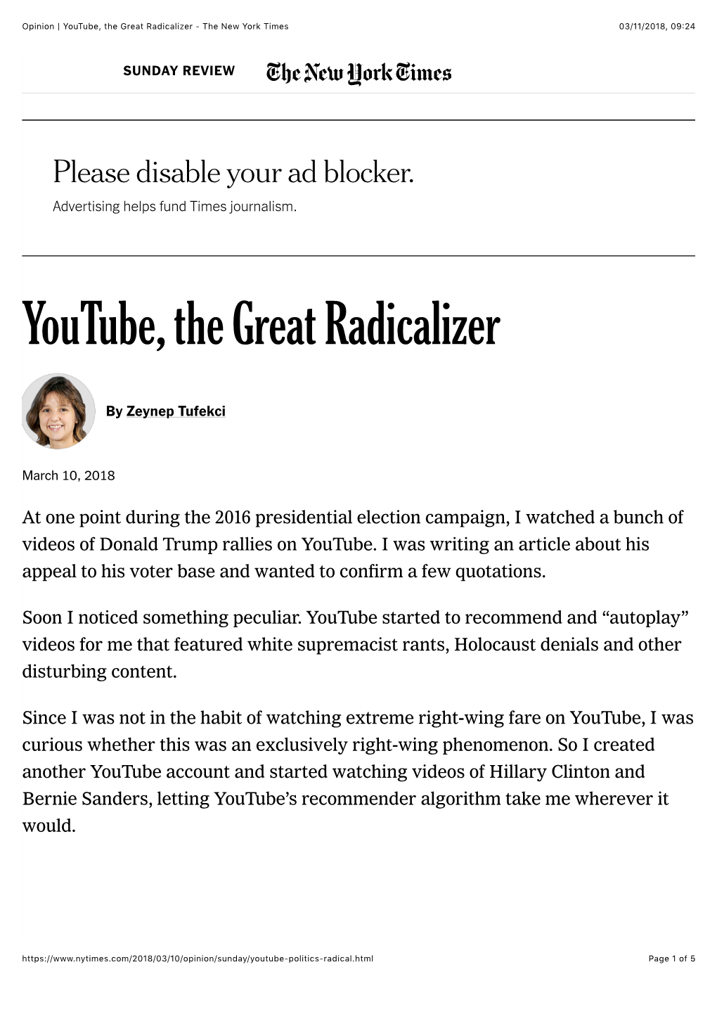 Opinion | Youtube, the Great Radicalizer - the New York Times 03/11/2018, 09�24