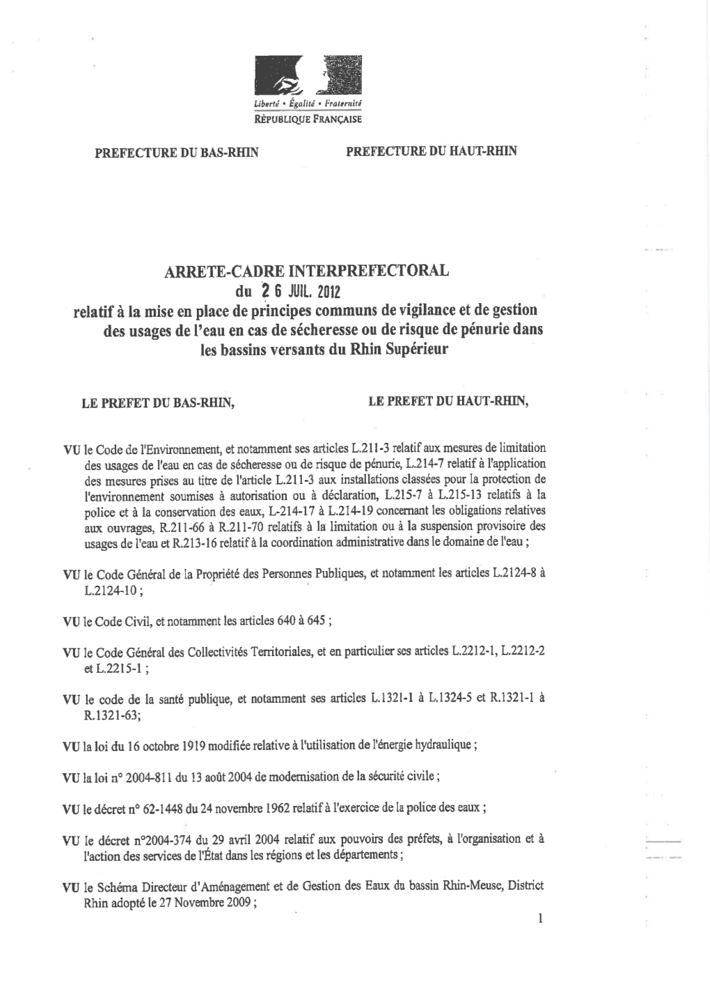 Arrête Cadre Sécheresse Interdépartemental 2012