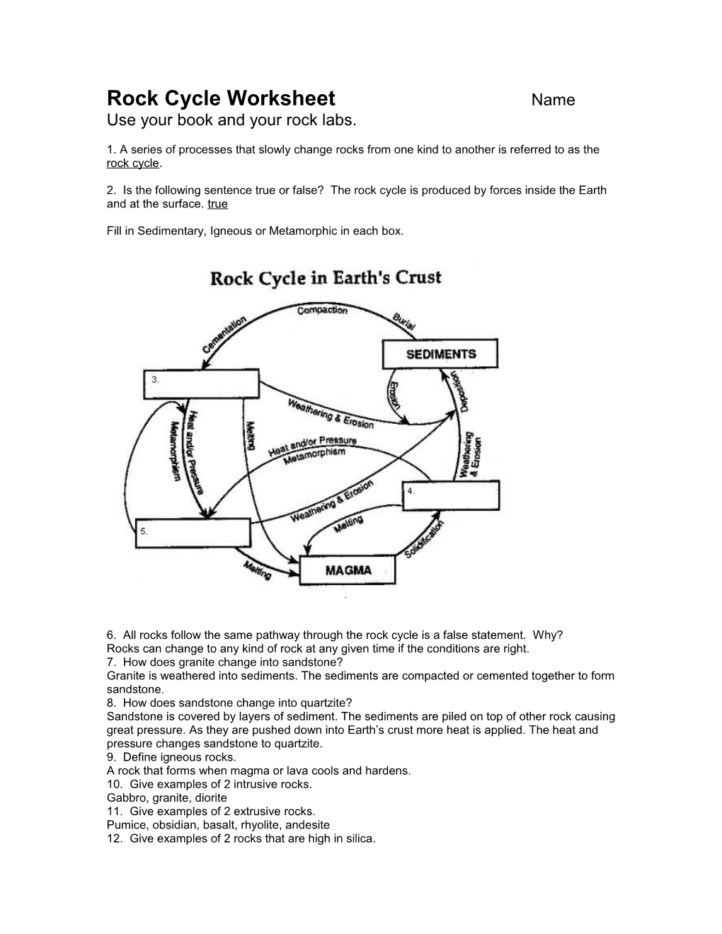 Rock Cycle Worksheet