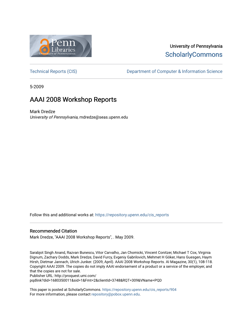 AAAI 2008 Workshop Reports