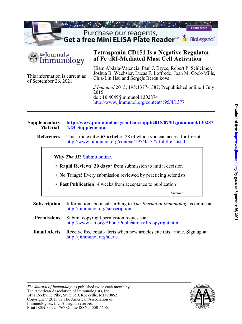 RI-Mediated Mast Cell Activation Ε of Fc Tetraspanin CD151 Is A