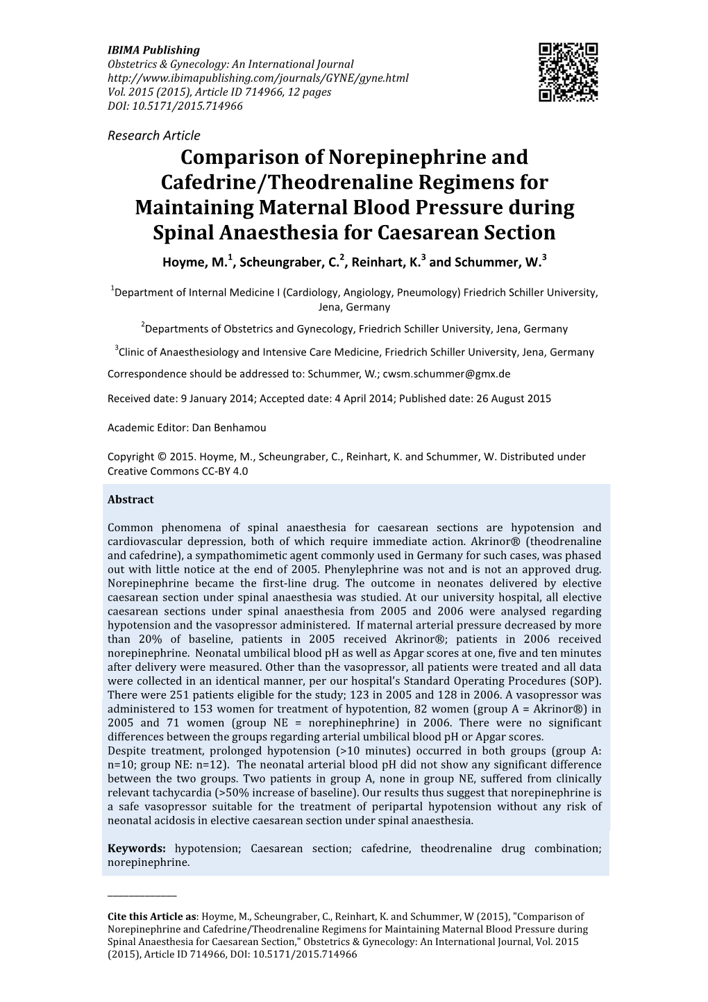 Comparison of Norepinephrine and Cafedrine/Theodrenaline Regimens for Maintaining Maternal Blood Pressure During