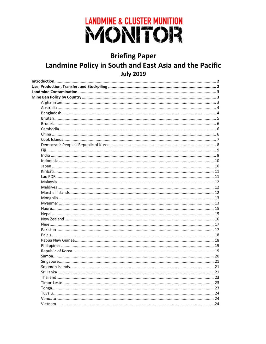 Briefing Paper Landmine Policy in South and East Asia and the Pacific July 2019