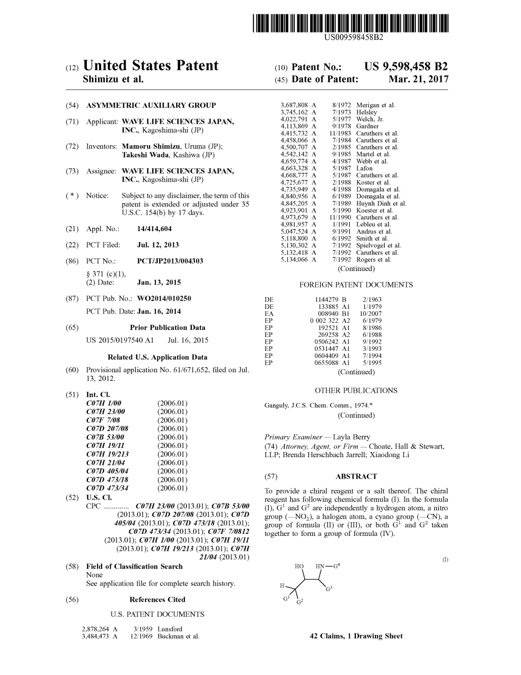 (12) United States Patent (10) Patent No.: US 9,598.458 B2 Shimizu Et Al