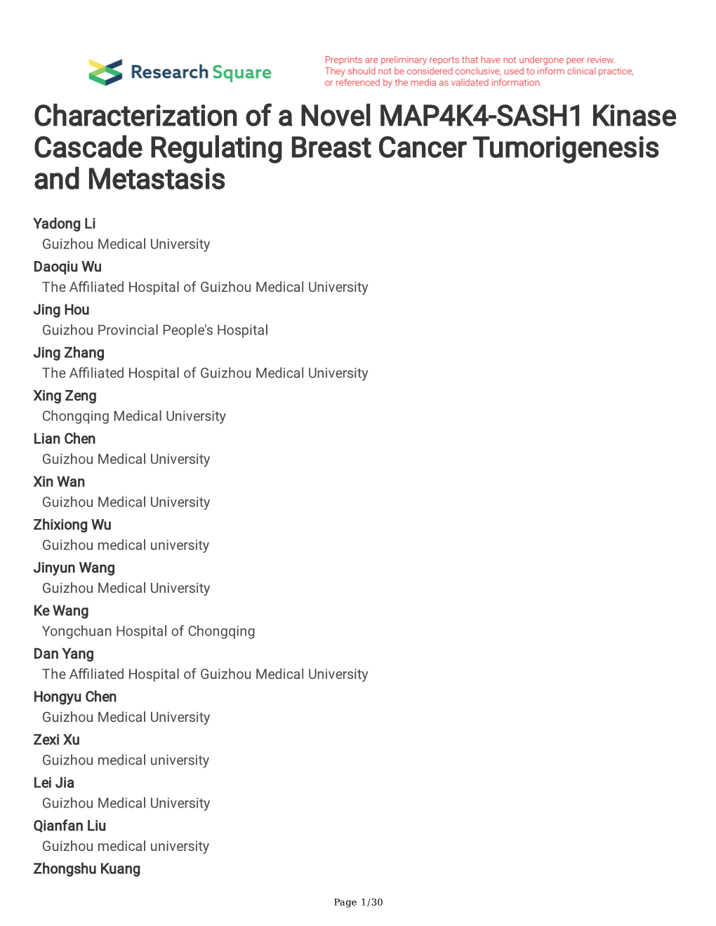 Characterization of a Novel MAP4K4-SASH1 Kinase Cascade Regulating Breast Cancer Tumorigenesis and Metastasis