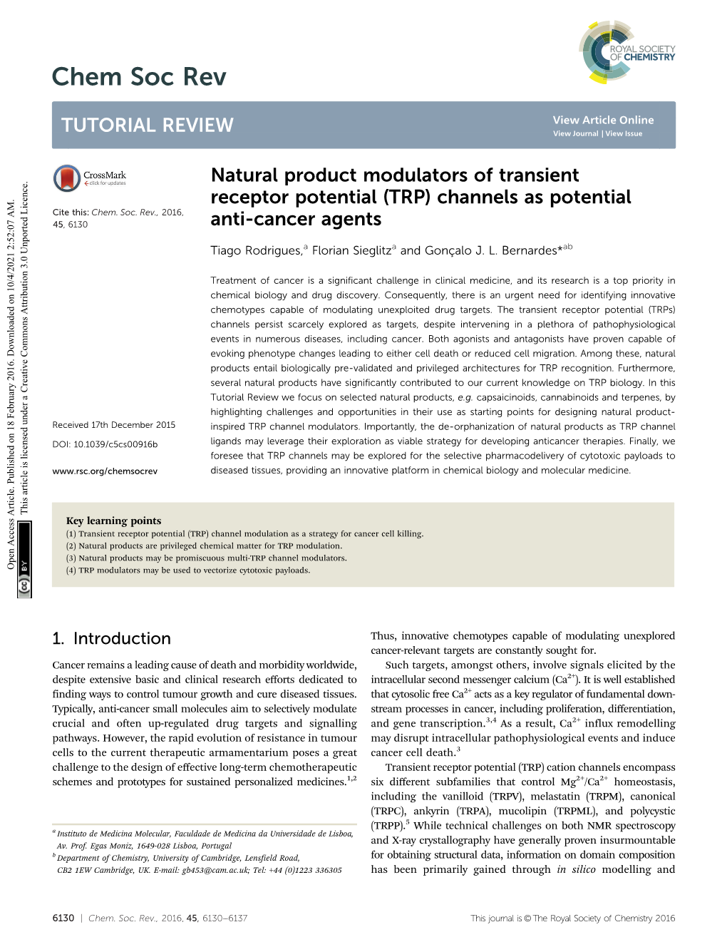 Natural Product Modulators of Transient Receptor Potential (TRP) Channels As Potential Cite This: Chem