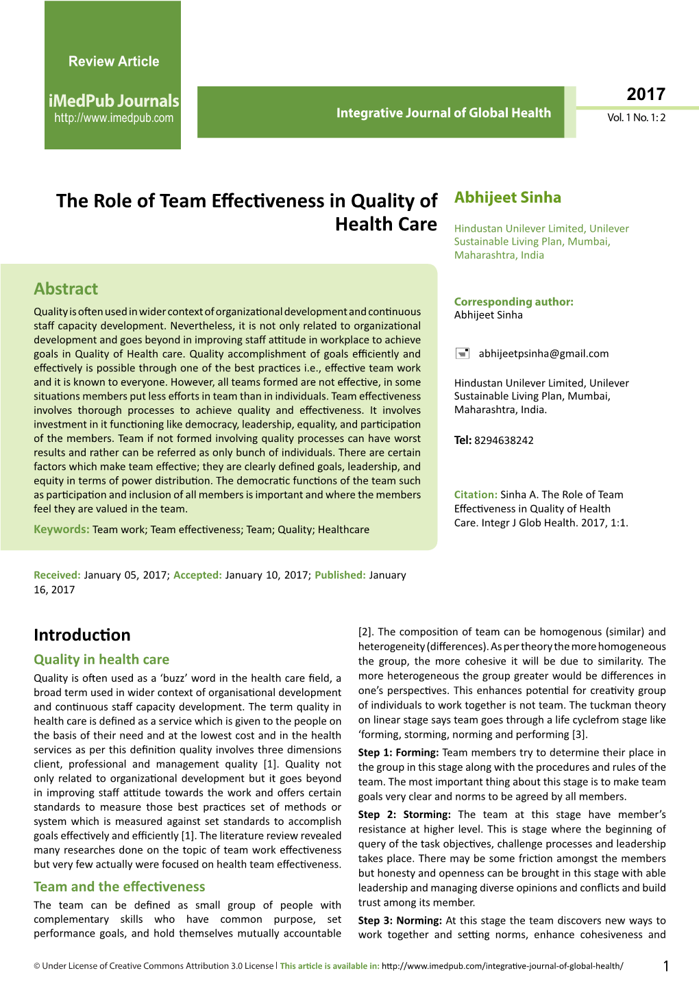 The Role of Team Effectiveness in Quality of Health Care