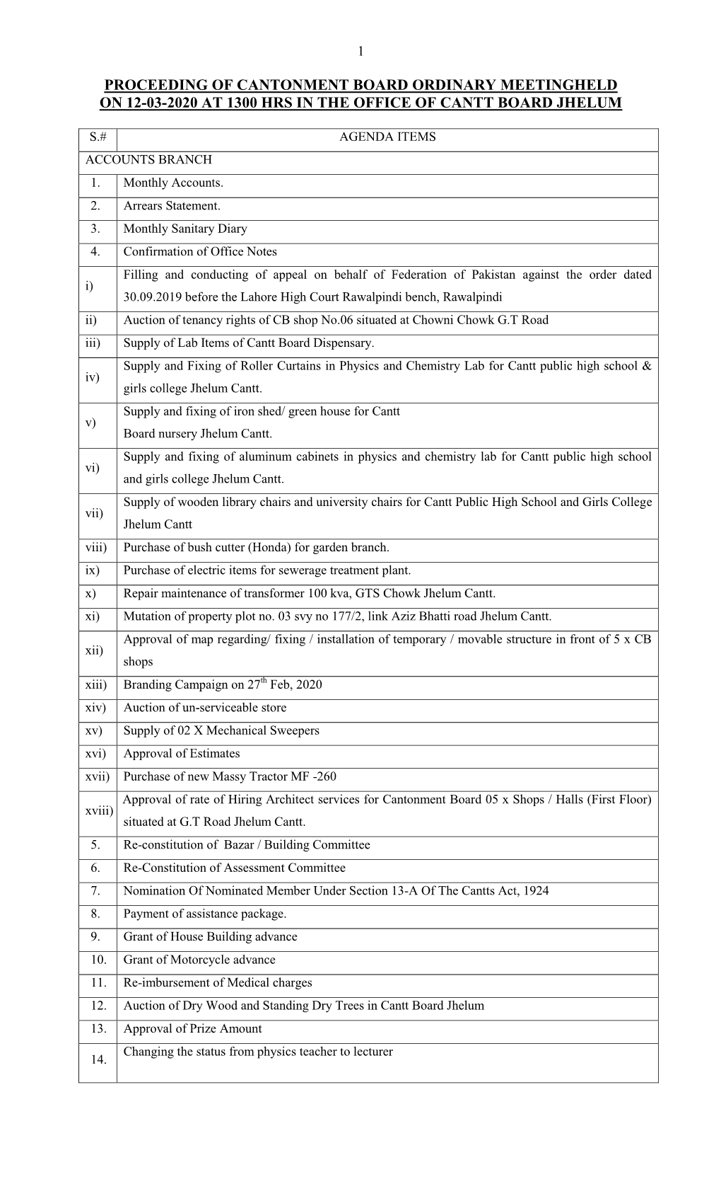 Proceeding of Cantonment Board Ordinary Meetingheld on 12-03-2020 at 1300 Hrs in the Office of Cantt Board Jhelum