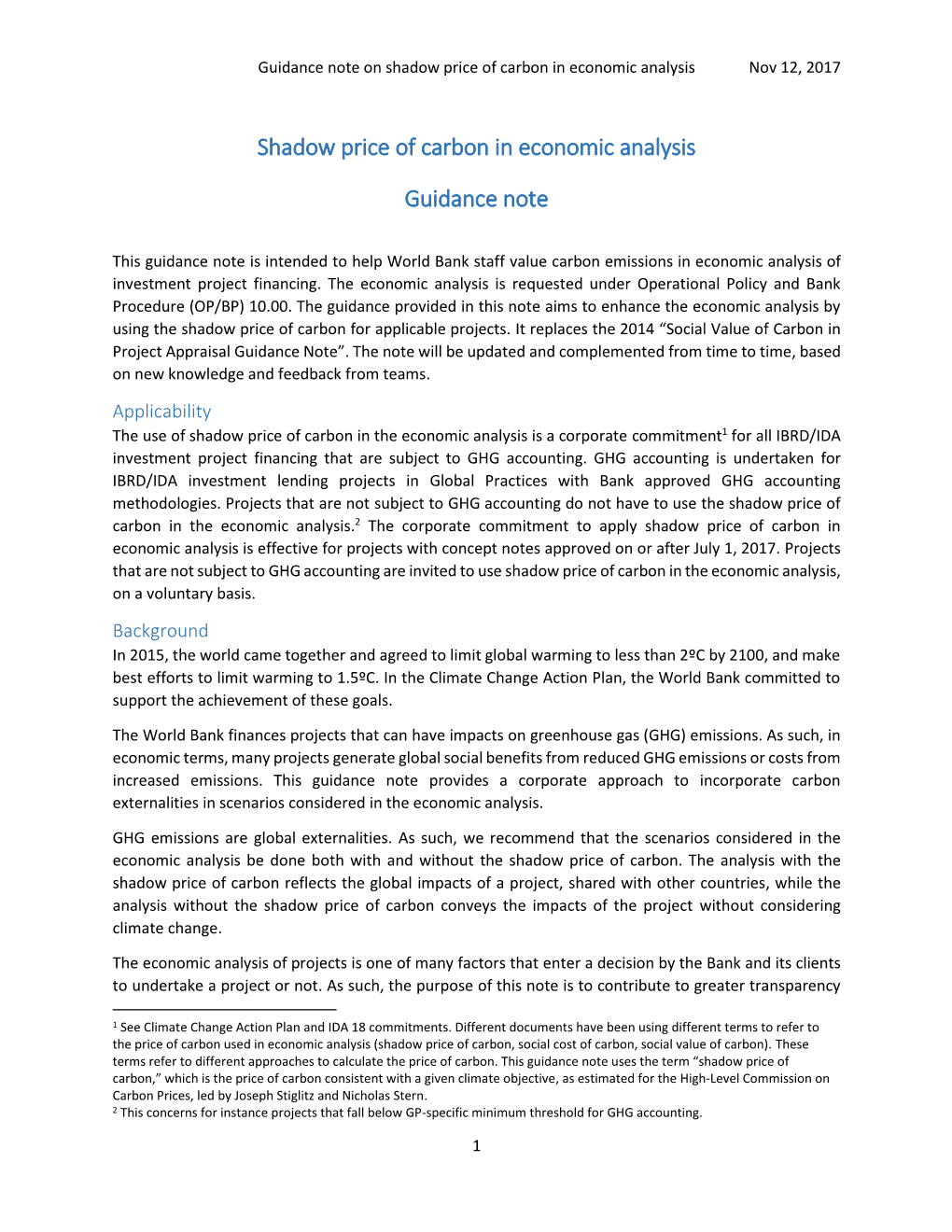 Shadow Price of Carbon in Economic Analysis Guidance Note