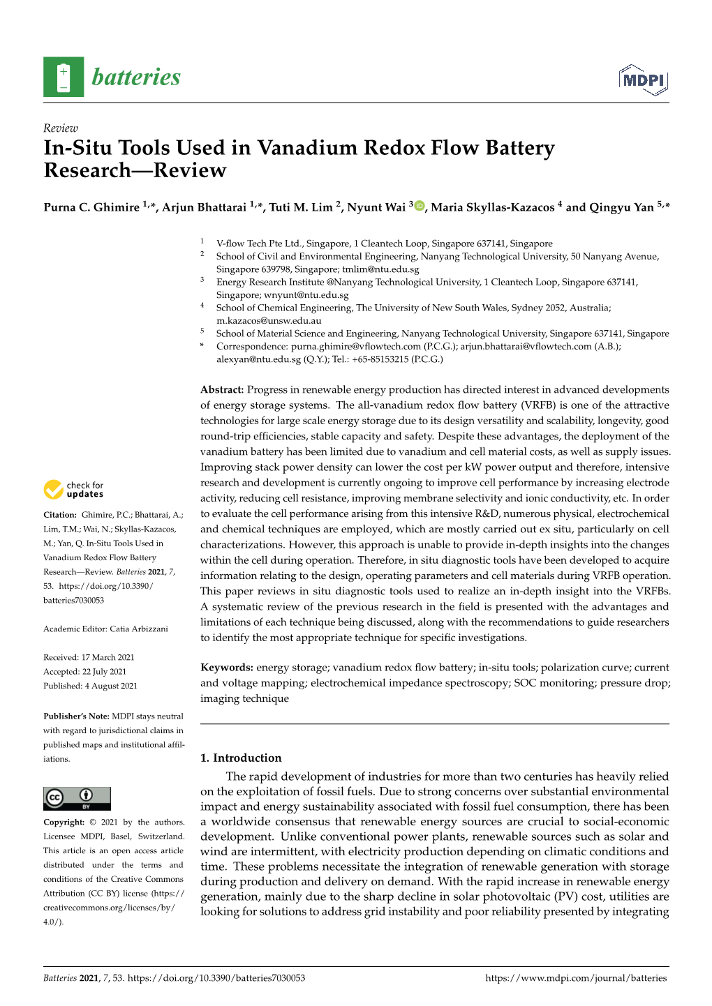 In-Situ Tools Used in Vanadium Redox Flow Battery Research—Review