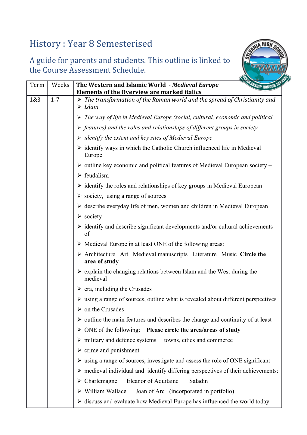 A Guide for Parents and Students. This Outline Is Linked to the Course Assessment Schedule