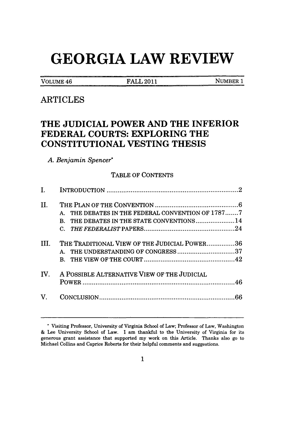 The Judicial Power and the Inferior Federal Courts: Exploring the Constitutional Vesting Thesis