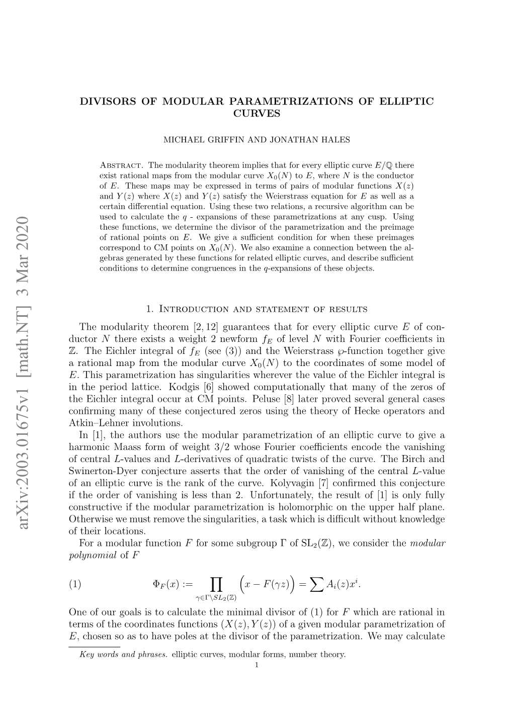 Arxiv:2003.01675V1 [Math.NT] 3 Mar 2020 of Their Locations