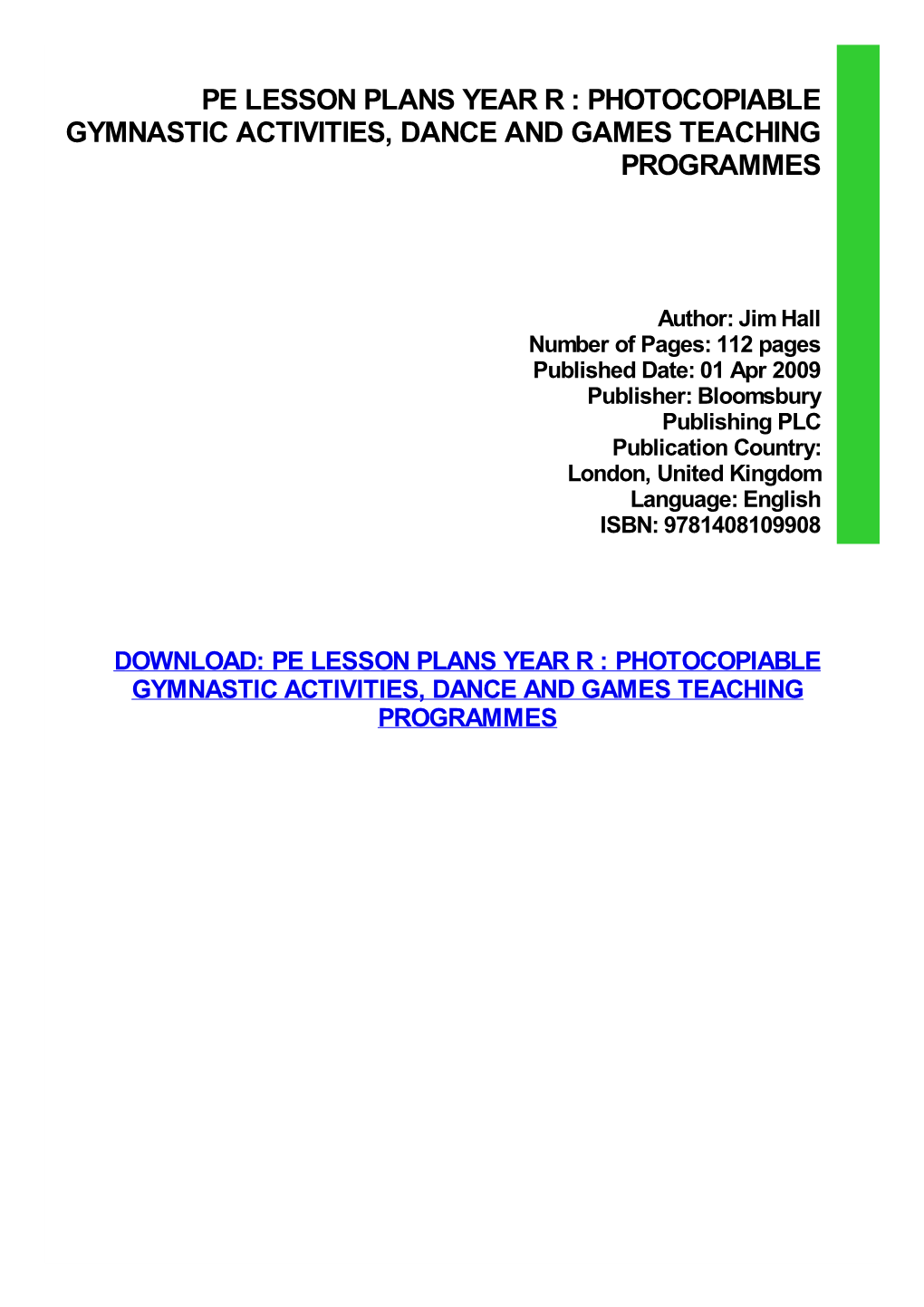 PDF Download PE Lesson Plans Year R : Photocopiable Gymnastic