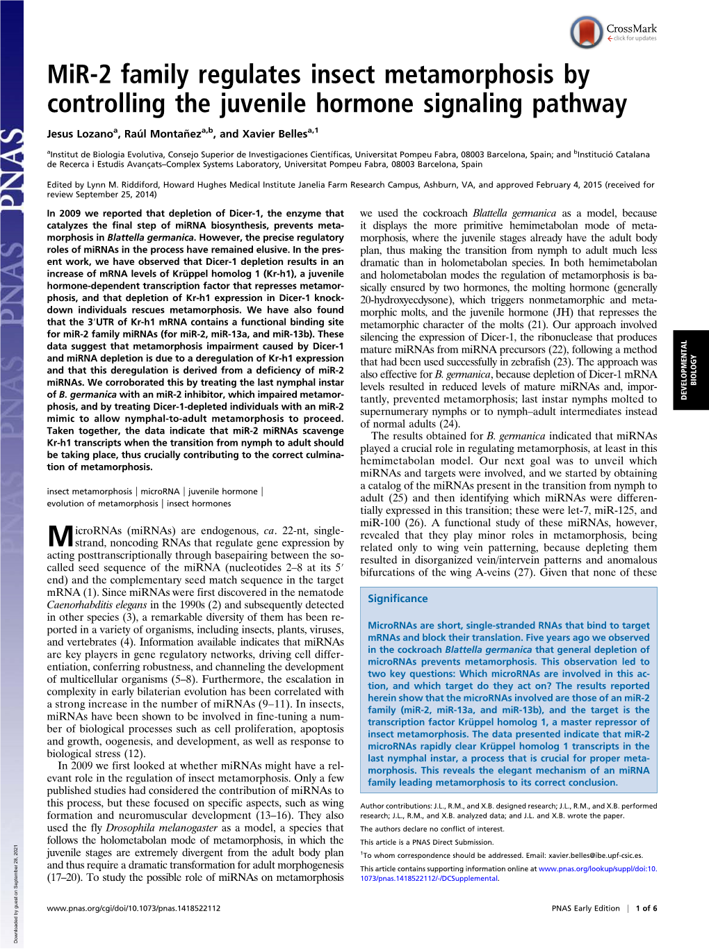 Mir-2 Family Regulates Insect Metamorphosis by Controlling the Juvenile Hormone Signaling Pathway