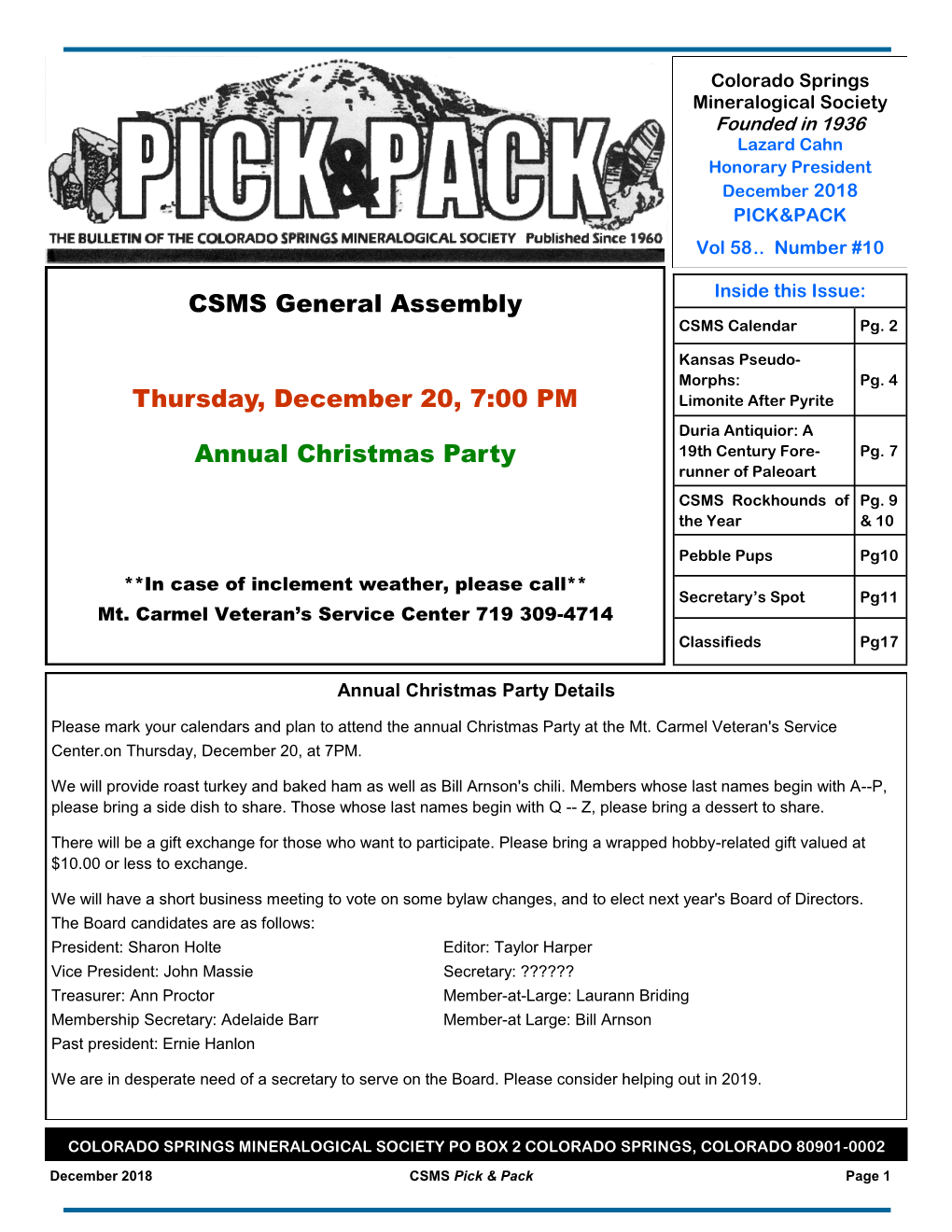 CSMS General Assembly Thursday, December 20, 7:00 PM Annual