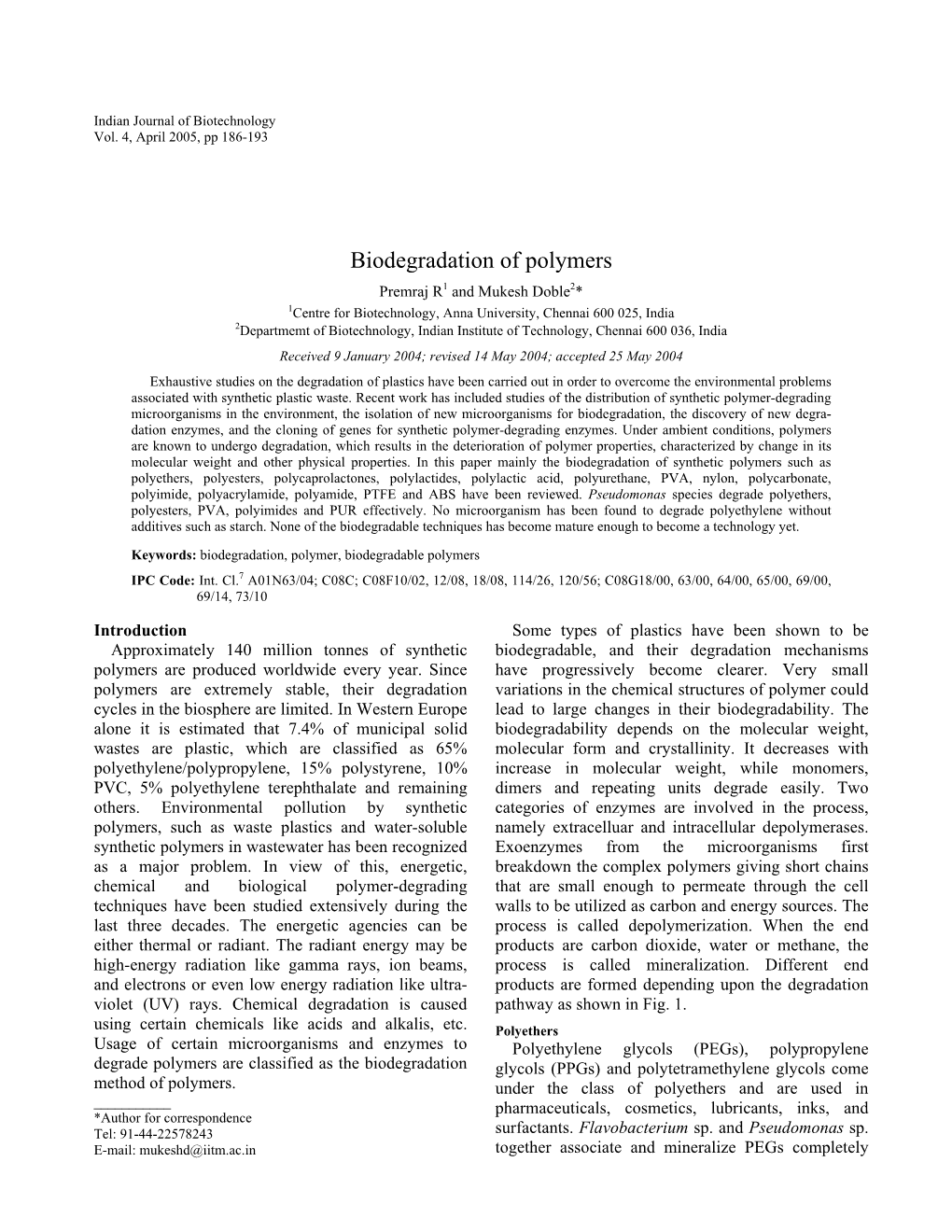 Biodegradation of Polymers