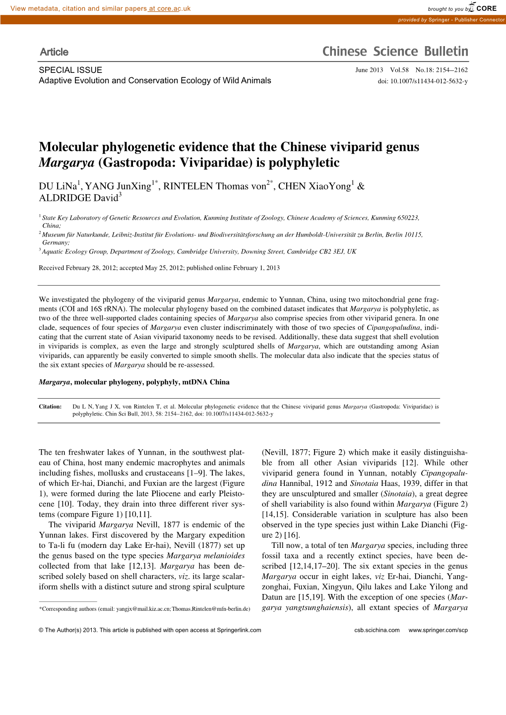 Molecular Phylogenetic Evidence That the Chinese Viviparid Genus Margarya (Gastropoda: Viviparidae) Is Polyphyletic