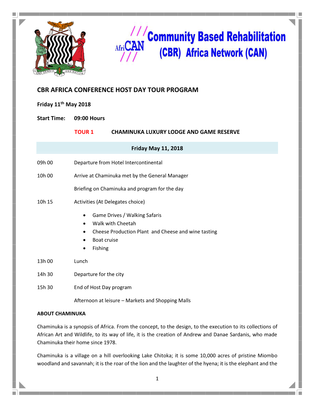 Cbr Africa Conference Host Day Tour Program