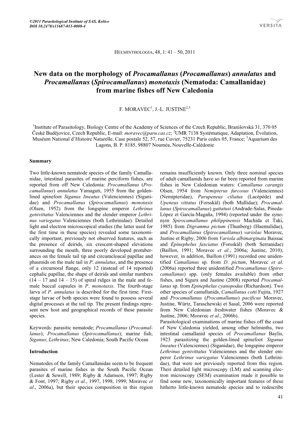 (Spirocamallanus) Monotaxis (Nematoda: Camallanidae) from Marine Fishes Off New Caledonia