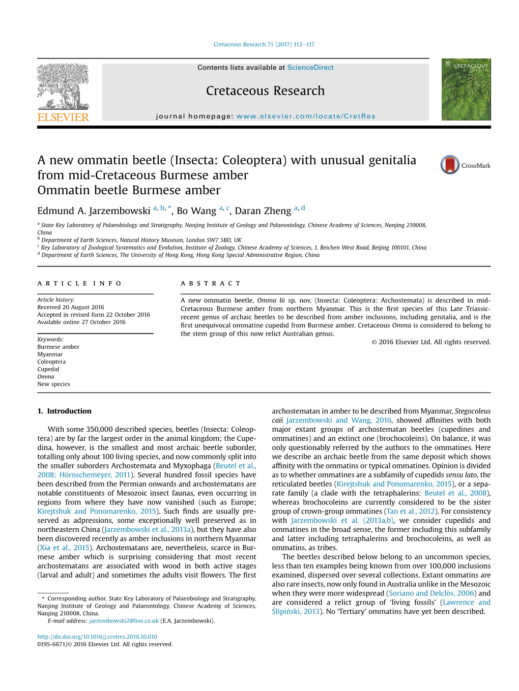 A New Ommatin Beetle (Insecta: Coleoptera) with Unusual Genitalia from Mid-Cretaceous Burmese Amber Ommatin Beetle Burmese Amber