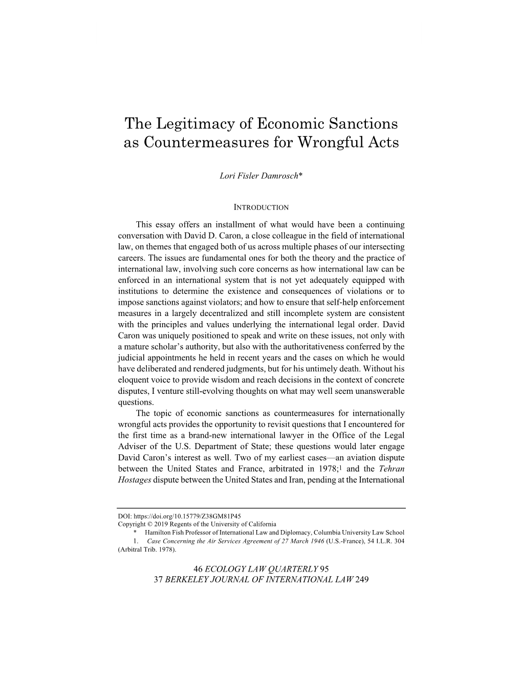 The Legitimacy of Economic Sanctions As Countermeasures for Wrongful Acts