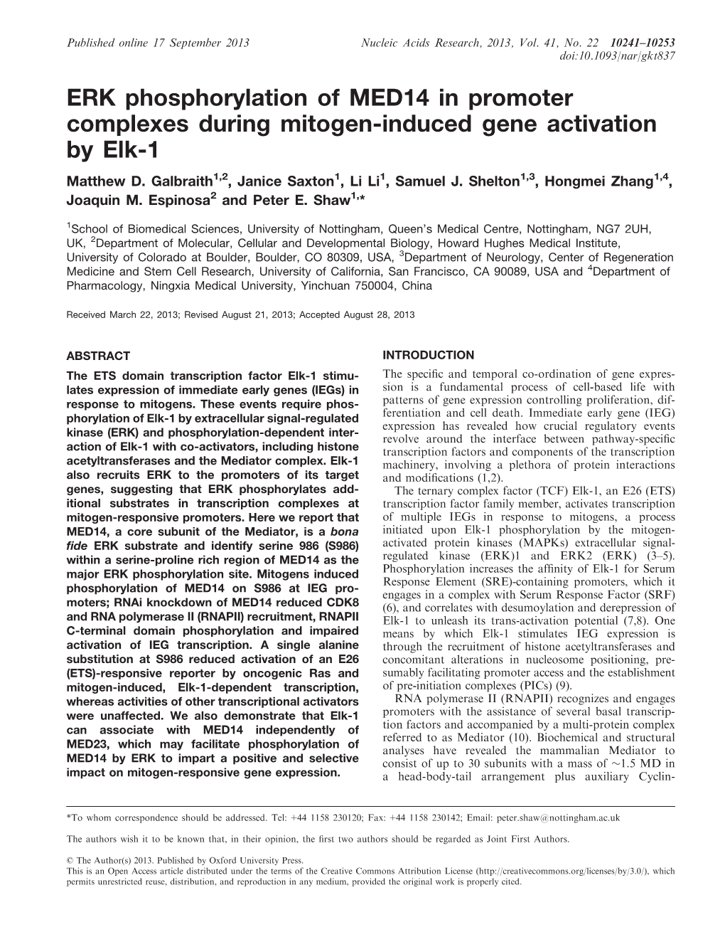 ERK Phosphorylation of MED14 in Promoter Complexes During Mitogen-Induced Gene Activation by Elk-1 Matthew D