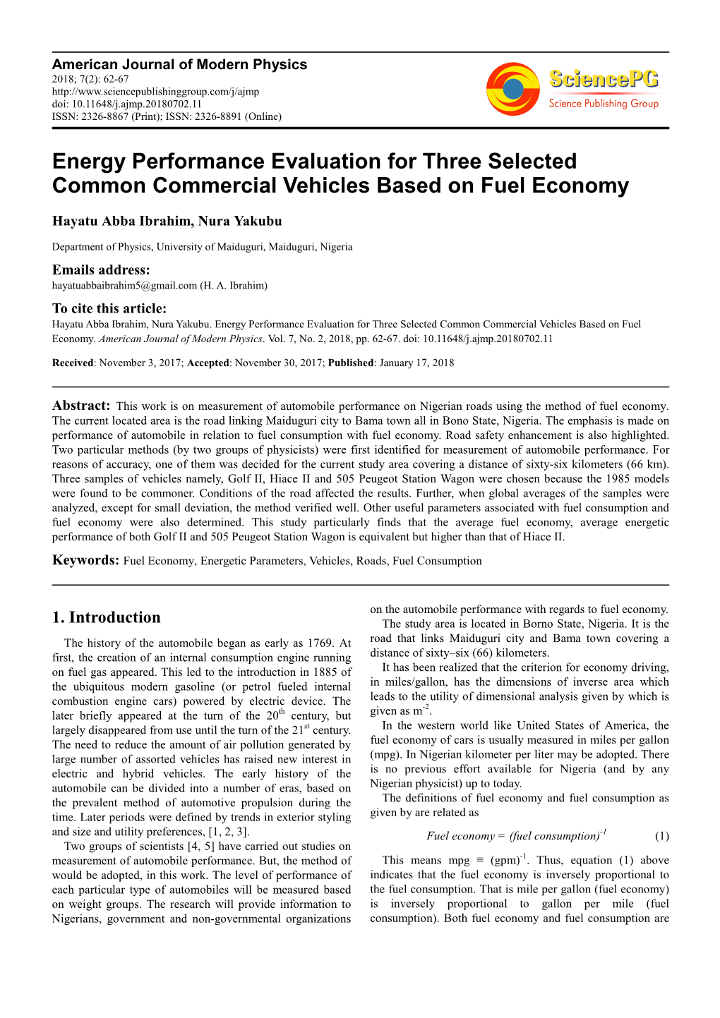 Energy Performance Evaluation for Three Selected Common Commercial Vehicles Based on Fuel Economy