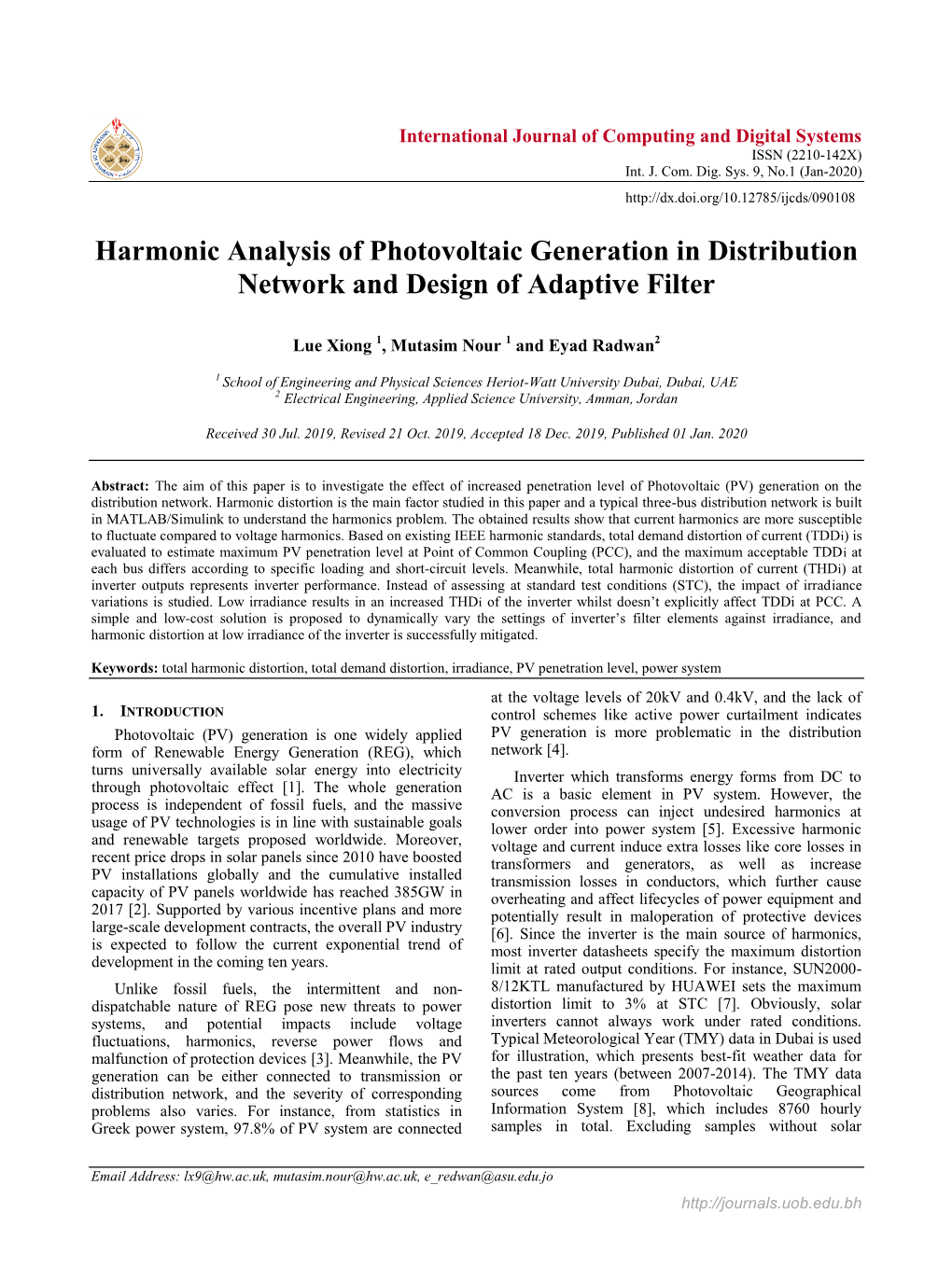 Harmonic Analysis of Photovoltaic Generation in Distribution Network and Design of Adaptive Filter