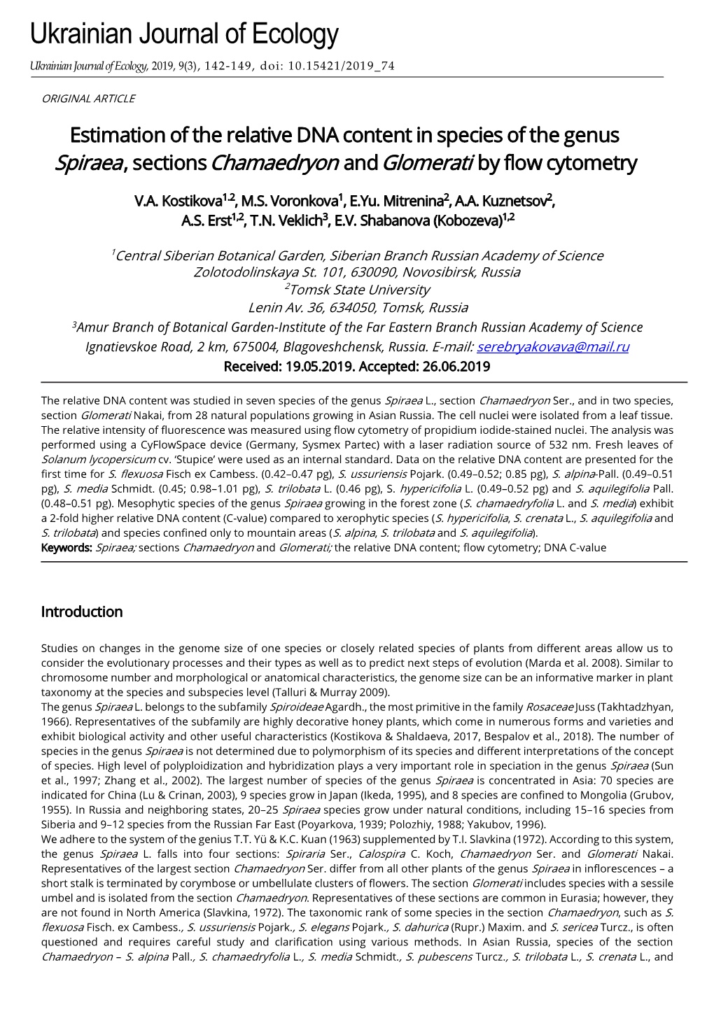 Estimation of the Relative DNA Content in Species of the Genus Spiraea, Sections Chamaedryon and Glomerati by Flow Cytometry