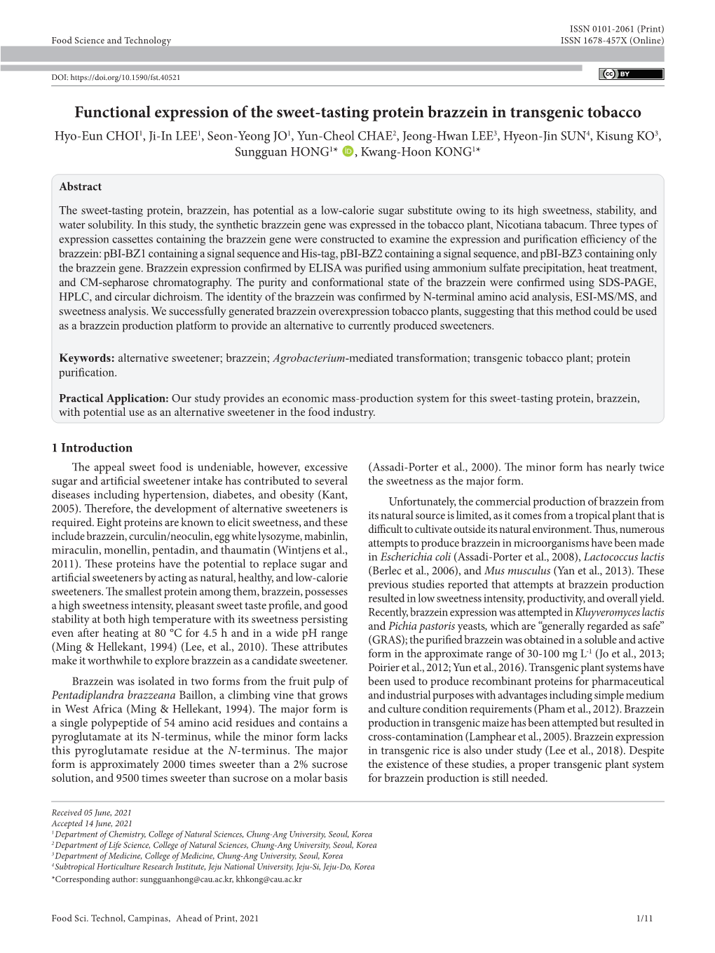 Functional Expression of the Sweet-Tasting Protein Brazzein In