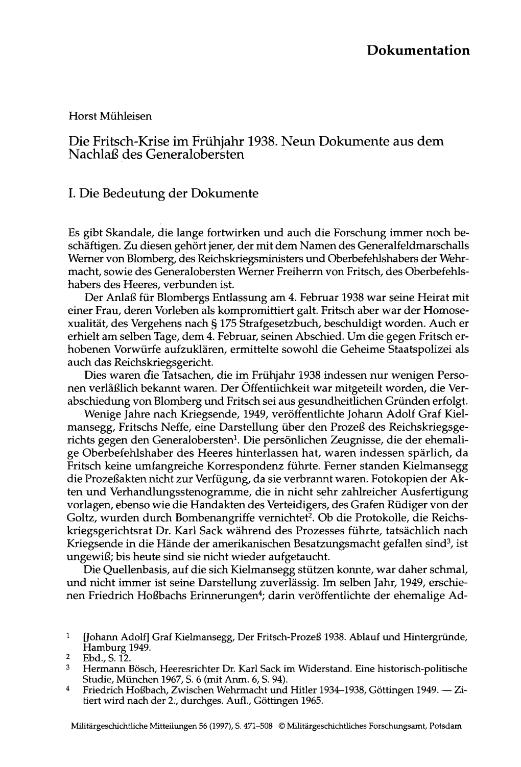 Die Fritsch-Krise Im Frühjahr 1938. Neun Dokumente Aus Dem Nachlaß Des Generalobersten