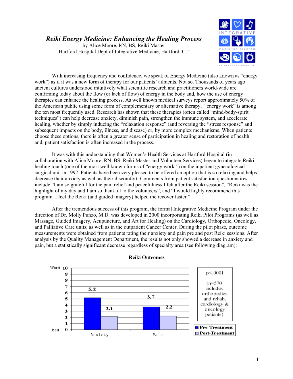 Reiki Energy Medicine: Enhancing the Healing Process by Alice Moore, RN, BS, Reiki Master Hartford Hospital Dept.Of Integrative Medicine, Hartford, CT