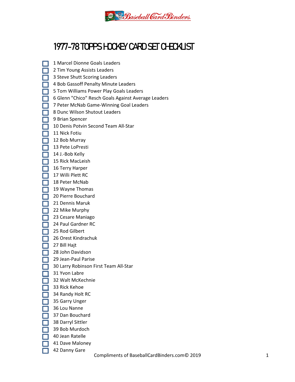 1977-78 Topps Hockey Card Set Checklist