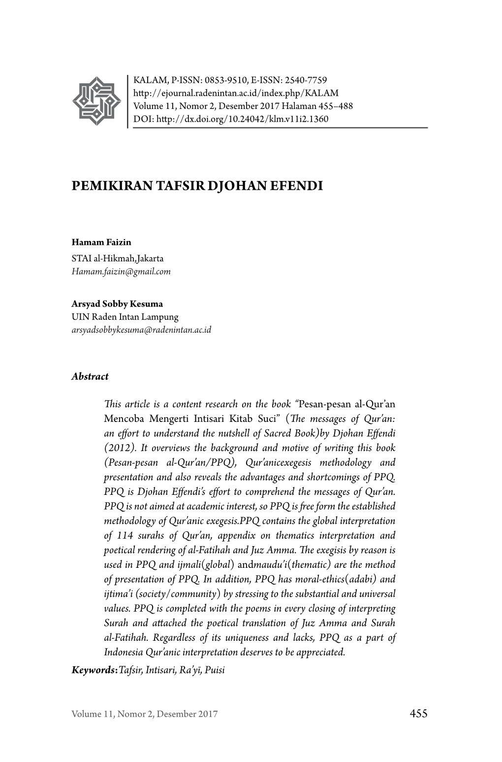 Pemikiran Tafsir Djohan Efendi 1981)Dengan Tafsir Al-Azhar, M